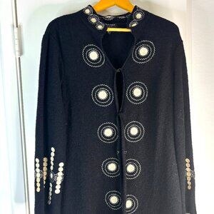Striking Black Wool Duster with embroidery Sz L